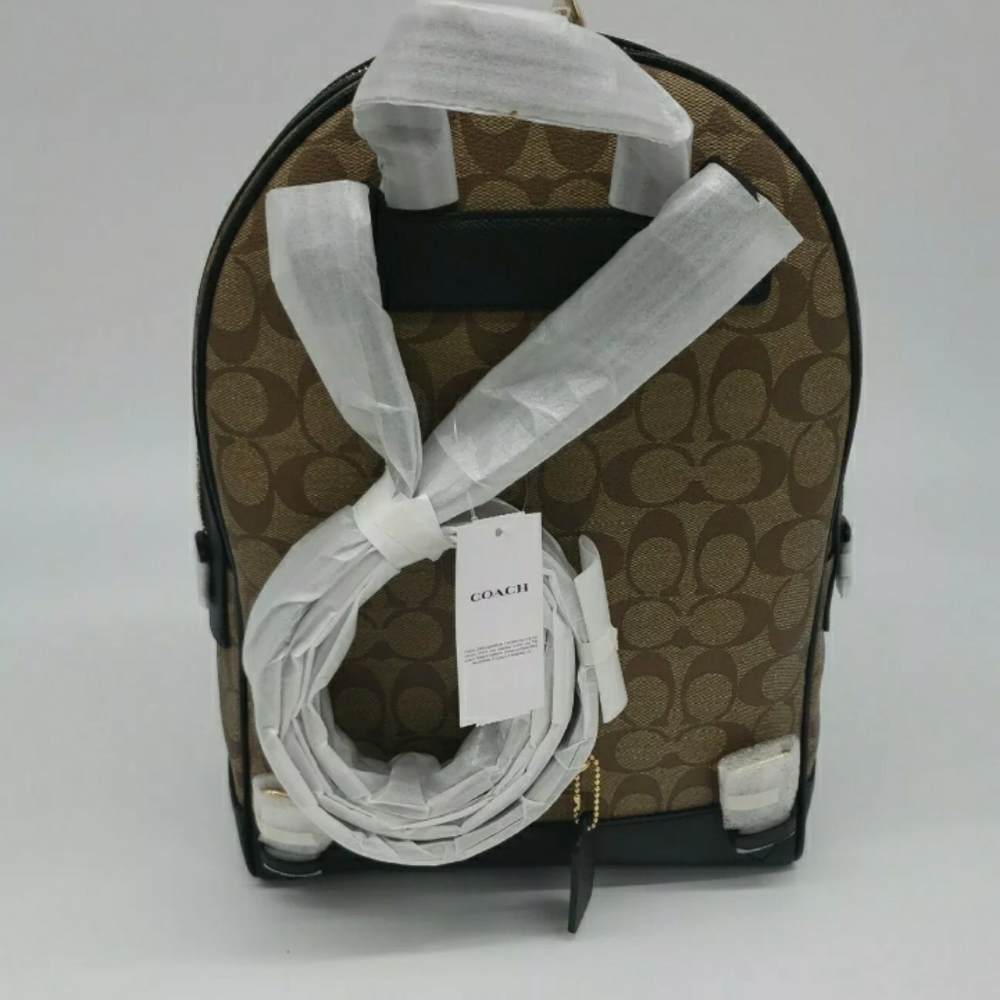 COACH BACKPACK SIGNATURE CANVAS TAN BAG GOLD KHAKI BLACK - Picture 3 of 10